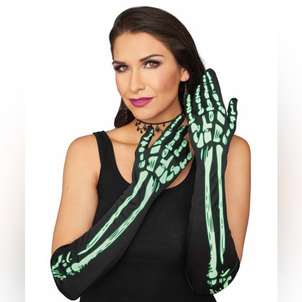 NWT [Seasons] Glow in the Dark Elbow Length Black Skeleton Gloves, Adult OS - Picture 2 of 10
